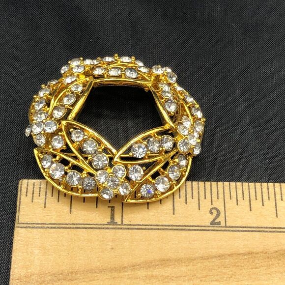 Vintage Signed Eisenberg Ice Rhinestone Golden Leaves Wreath Brooch Earrings Set - Picture 5 of 6